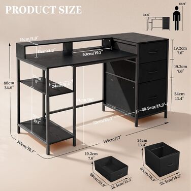 Кутовий письмовий стіл YITAHOME з розетками та шухлядами, комп'ютерний стіл чорний, 144 x 50 x 87 см