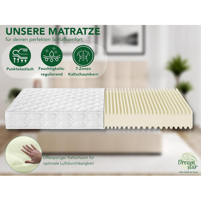 Ергономічний 7-зонний матрац з холодної піни Oeko-Tex H2 та H3 Гіпоалергенний та антибактеріальний Висота 22 см 120 x 200 см 120 x 200 см H2 та H3, 120x200