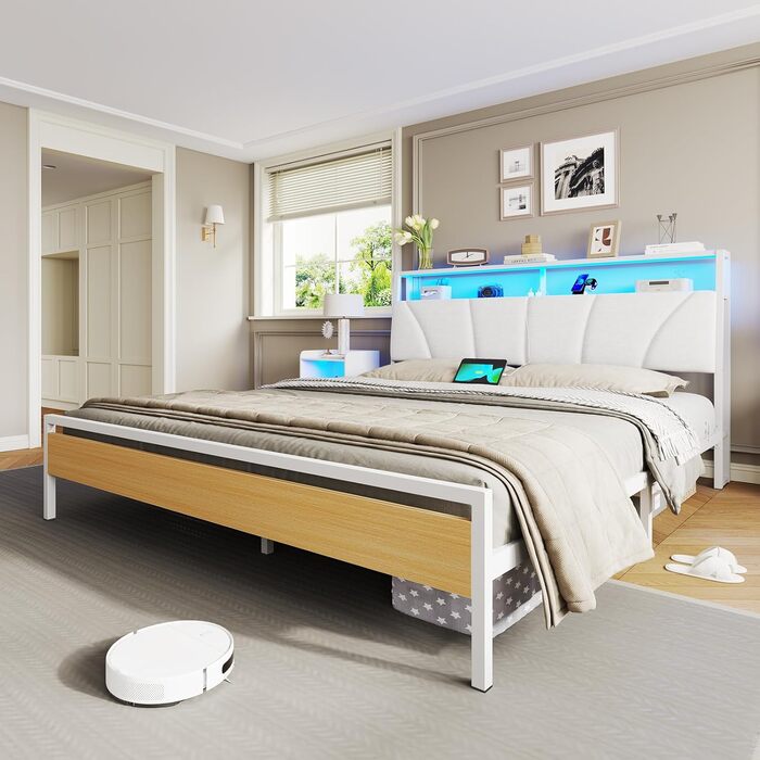 Ліжко 180x200 з металевою рейковою основою, двоспальне ліжко 180x200 см зі світлодіодним підсвічуванням, каркас ліжка 180x200 см з узголів&39ям та зарядною станцією (2 розетки змінного струму, 2 USB-порти) Сучасне, Білий Білий 180x200см