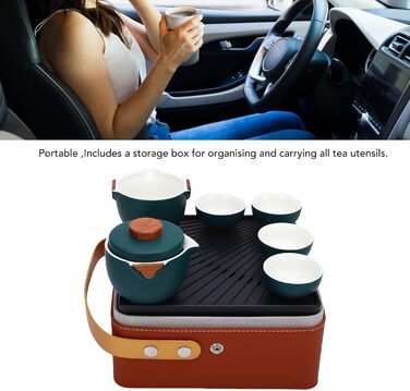 Гонфу-Чайний Сервіс, Портативний Керамічний Чайник з Елегантним Коричневим Шкіряним Футляром, Традиційний Темно-Зелений Дизайн для Дому, Офісу, Подорожей та як Подарунок