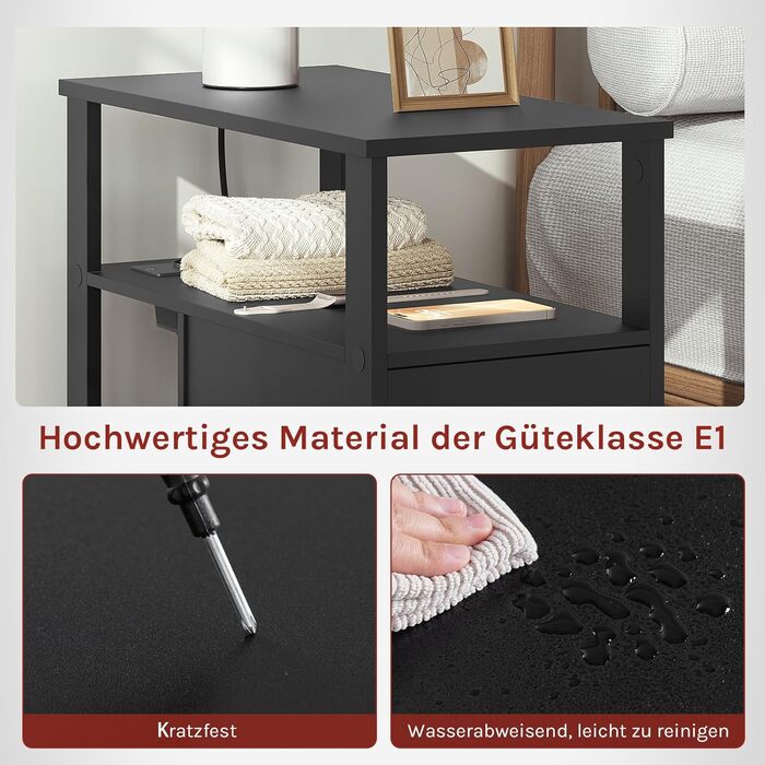 Журнальний столик WOLTU з розеткою, тумбочка з функцією заряджання, вузький диван-столик, з 2 шухлядами, 2 полицями, 1 відділенням, для вітальні/спальні, 60x60x30 см, чорний, BTS28sz