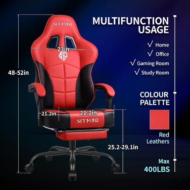 Офісне крісло SITMOD Ігрове крісло, велике ПК-крісло з регулюванням висоти, поворотне, ергономічне ігрове крісло зі штучної шкіри з підніжкою та поперековою опорою, поворотні робочі крісла на 360 - червоне