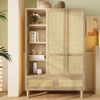 Шафа з 2 дверима та плетінням з ротанга в сільському стилі, під дуб, відкрита полиця, полиці, вішалки для одягу, 2 шухляди, пристрій проти перекидання (180x120x50 см) 180x120x50 см