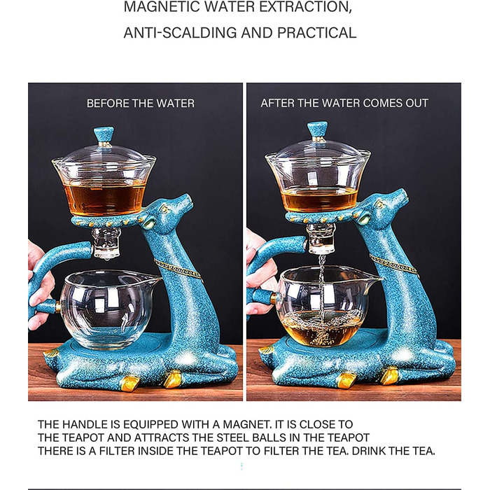 Набір скляних чайників RORA з напівавтоматичним обертанням та ситечком для чаю, Лінивий Кунг-Фу, (Олень) Синій