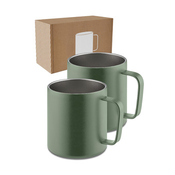 Термокружка LAMBDA COFFEE з нержавіючої сталі 2x360 мл з ручкою Двостінна ізольована кавова кружка Набір кухлів для кемпінгу та використання на природі Термокружка для кави (зелена) Мохово-зелена