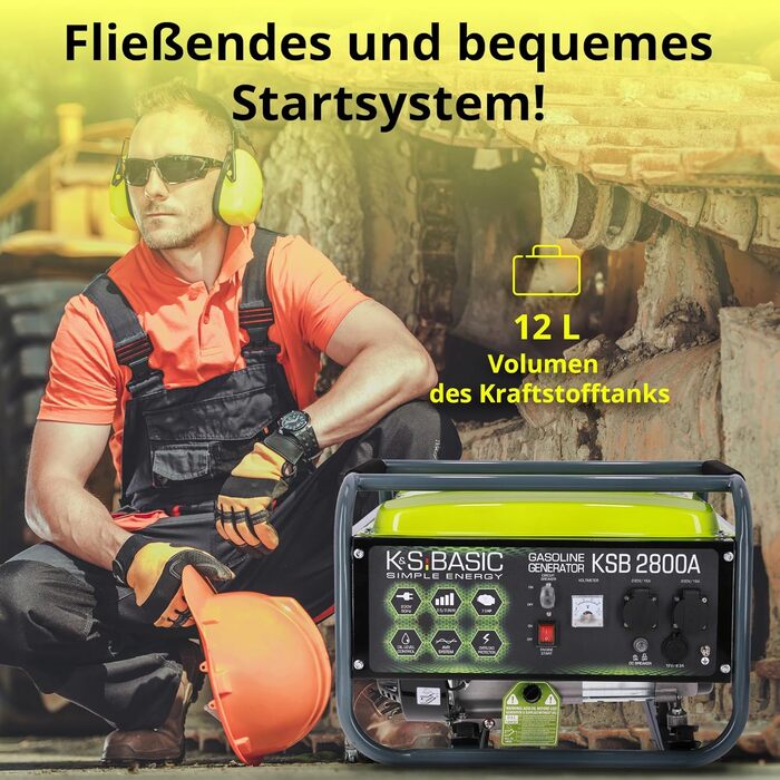 Бензиновий генератор KSB 2800A з алюмінію, 6,5 к.с. - 4-тактний бензиновий двигун з автоматичним регулятором напруги, 230 В (AVR), 2800 Вт, 16 А, для дому та відпочинку