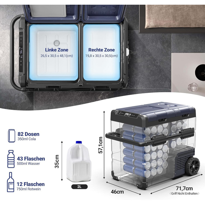 Компресорна холодильна камера, автомобільна холодильна камера з USB-з'єднанням, 55 л з двома зонами і подвійними дверима, електрич