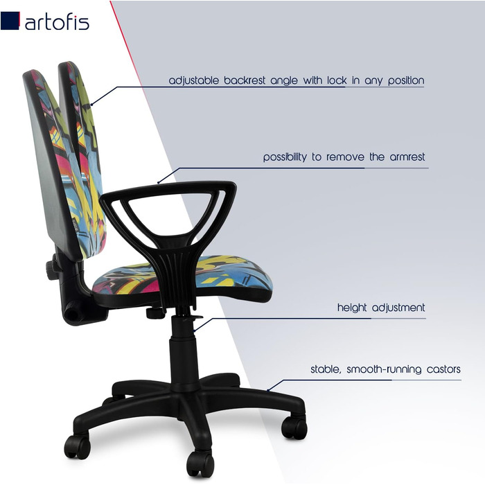 Дитяче письмове крісло з регульованою висотою - Ергономічне дитяче письмове крісло з 5 колесами, обертове дитяче крісло зі спинкою, різнокольорове з мотивом Bred Graf