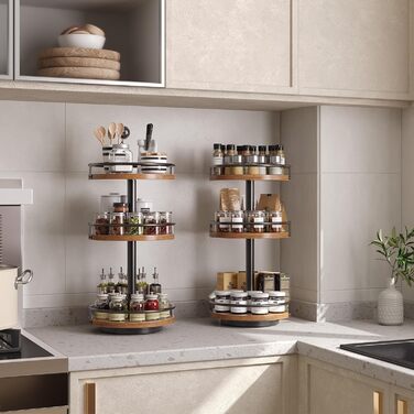 Підставка для спецій HOOBRO, кухонна полиця, 3-рівнева обертова підставка для спецій, кухонний органайзер, тримач для спецій, для кухонної стільниці, туалетного столика, обіднього столу, рустикальний коричневий та чорний EBF09TL01 25 x 25 x 48 см рустикал