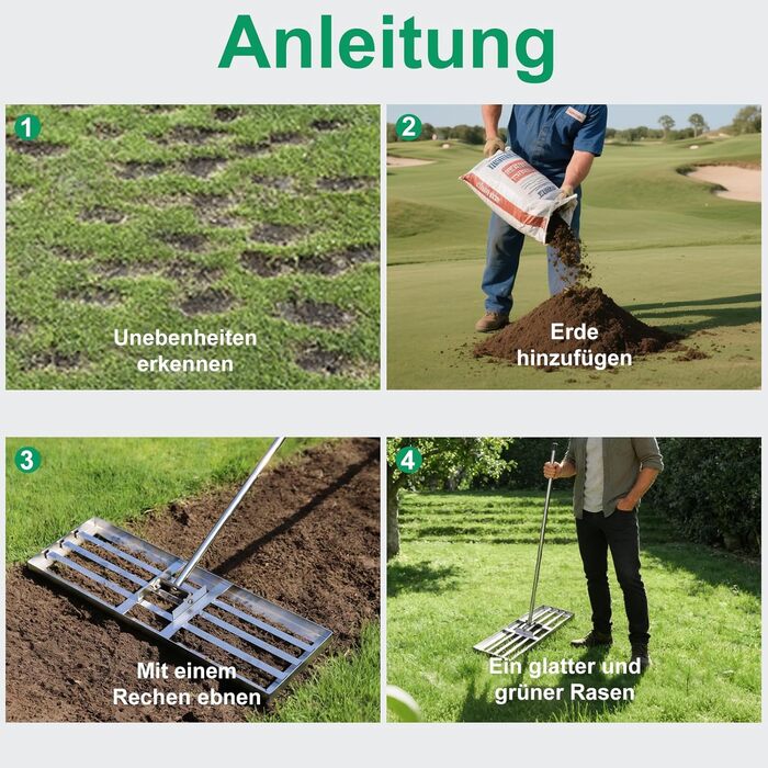 Професійний вирівнювач газону з нержавіючої сталі 76x25 см, з міцною металевою ручкою 201 см. Важкий рівневий грабель для піскування та вирівнювання трави для саду, подвір'я, гольф-поля та пасовища.
