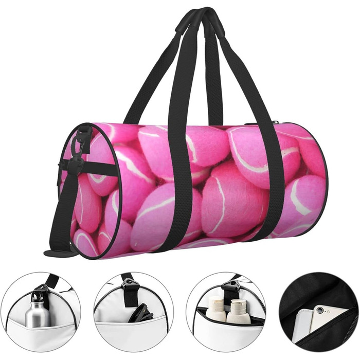 Сумка-дорожня з тенісними м'ячами, з принтом, кругла, великої місткості, для походів, відпустки, ділових поїздок та іншого, світло-рожеві тенісні м'ячі, універсальний розмір