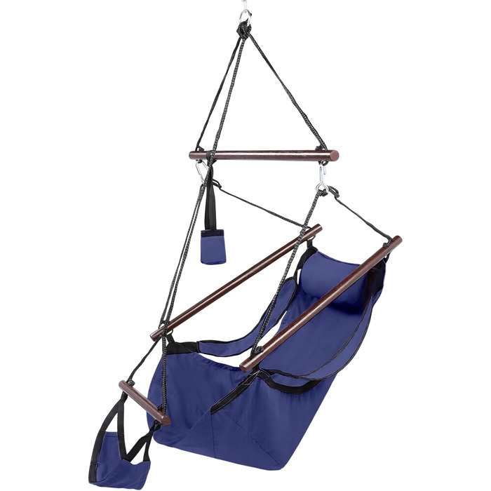 Гамак-надувне крісло з подушкою, тримач для напоїв, масив дерева, водонепроникне, для використання в приміщенні/на вулиці, для двору, саду, дерева, тераси, ганку, 113 кг (темно-синій)