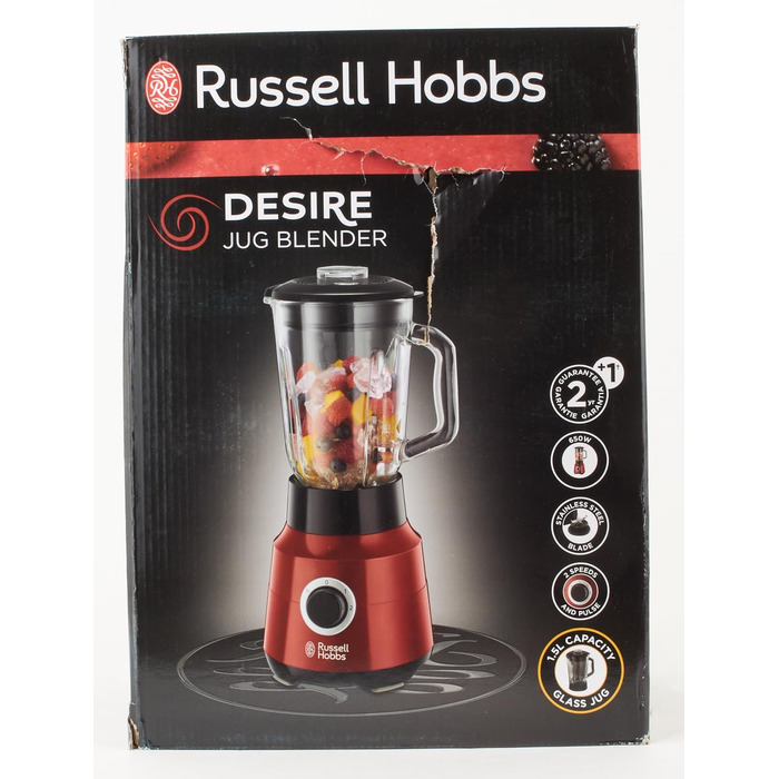 Міксер Russell Hobbs скляний контейнер 1,5 л Desire Red (потужний двигун 0,9 к.с., функція імпульсу/подрібнення льоду, ніж з нержавіючої сталі, блендер без бісфенолу А, електричний подрібнювач, смузі-машина) 24720-56