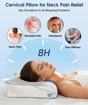 Ортопедична подушка для шиї метелик з піни з ефектом пам&39яті, ергономічна подушка з 2 охолоджувальними чохлами, що можна прати, для полегшення болю в шиї для тих, хто спить на боці, спині та животі, 2 рівні висоти