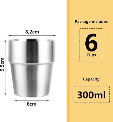 Набір із 6 чашок з нержавіючої сталі, чашка з нержавіючої сталі об&39ємом 300 мл, срібна кемпінгова чашка розміром 9,5x8,2 см для дому, ресторану, вечірки, кемпінгу