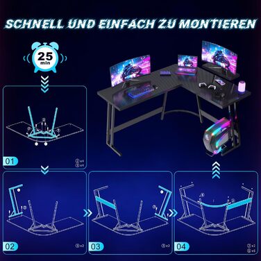 Ігровий стіл L-подібний 150x130 см, Кутовий стіл для ігор, L-подібний стіл з підставкою для монітора, Карбоново-чорний 150 x 130 см Чорний