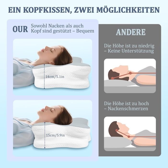 Подушка для шиї - Ортопедична подушка з піни з ефектом пам&39яті, ергономічна подушка для полегшення болю в шиї для сну на боці, спині та животі з чохлом з крижаного шовку (сіра)
