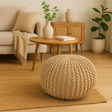 Пуф Abato Ø 55 см В&39язаний табурет/табуретка/підлогова подушка, екологічно чистий, веганський, справедлива торгівля, вантажопідйомність 150 кг, сучасний, для вітальні, спальні та дитячої кімнати, чорний, сірий, білий, бежевий