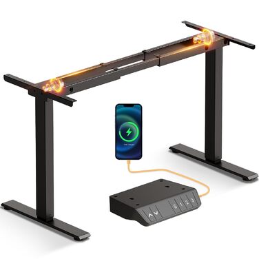 Рама столу OffiGo з регульованою висотою та 2 двигунами, регульовані по висоті ніжки столу з USB-C та A, електрична рама столу з 3 ручними елементами керування з пам&39яттю, стіл для роботи стоячи для столів 100-200 см, чорний, 2 двигуни, чорний