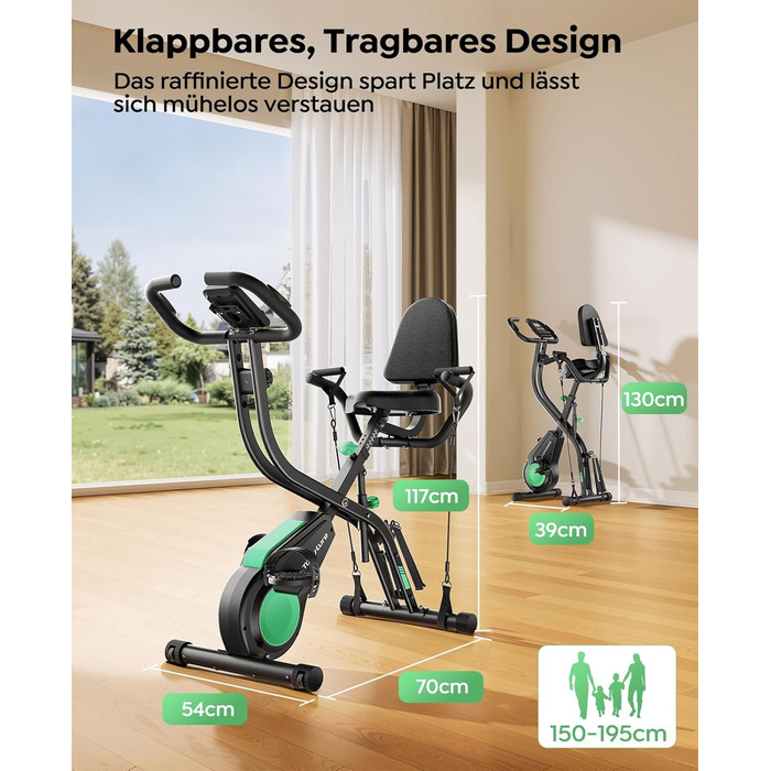 Новий складаний велотренажер Toputure із застосунком, ергометр 5-в-1 з тросами опору для рук і ніг, 16 магнітних рівнів опору, домашній тренажер до 140 кг, ультратихий зелений