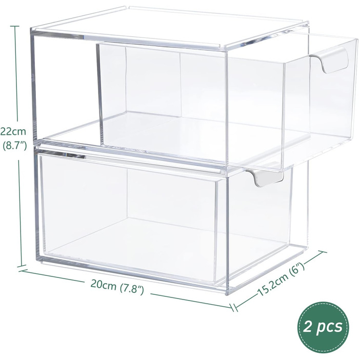 Ящики для косметичного органайзера, штабелюваний прозорий акриловий органайзер для макіяжу, 2 шухляди для зберігання на столі, туалетний столик, ванна кімната, спальня, дві коробки під раковиною