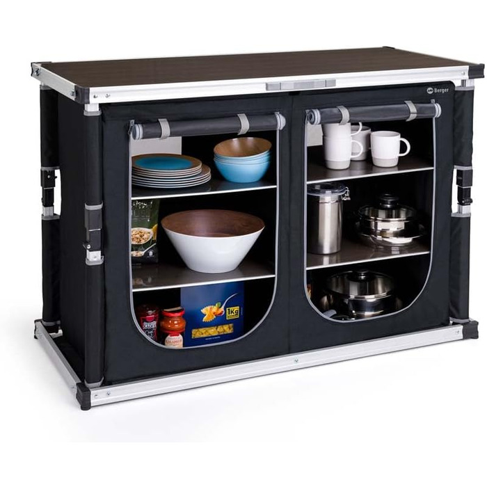 Кухня для кемпінгу BERGER Tampere L Складана шафа для кемпінгу з відділеннями для зберігання та сумкою для перенесення Кухня для кемпінгу на свіжому повітрі, Складана кухонна шафа для кемпінгу з алюмінієвою рамою, Кухонна шафа для кемпінгу (L)