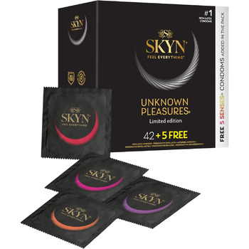 Презервативи SKYN Unknown Pleasure (42 шт. и) та презервативи 5 Senses (5 шт. ) Без латексу, 6 x грудок, 18 x Daiquiri, 6 x зігріваючий гель, 6 x охолоджуючий ментоловий гель, 6 x стимулюючий, можна використовувати з нашими мастилами