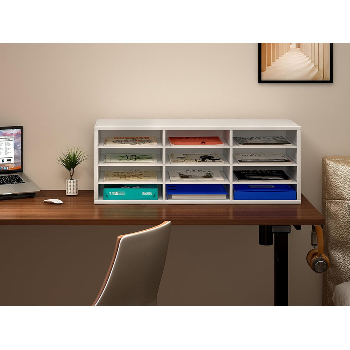 Дерев&39яний органайзер для офісного столу EasyPAG з 12 відділеннями, формат А4, тримач для документів, лоток для файлів, тримач для журналів, лоток для листів, органайзер для паперу та журналів, білий 80 x 30,7 x 29,8 см