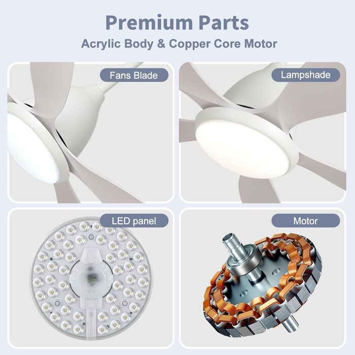 Стельовий вентилятор FENGYUN ELE зі світлом, 132 см білий стельовий вентилятор зі світлом і пультом дистанційного керування, ревер