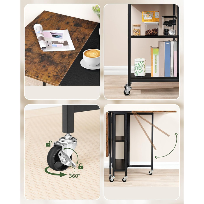 Розкладний обідній стіл, кухонний стіл, мобільний стіл, розкладний стіл з 6 коліщатками, що блокуються, та 2 полицями, для кухні, вітальні, квартири, сільський коричневий та чорний DTCZ01BF Рустикальний коричневий, чорний