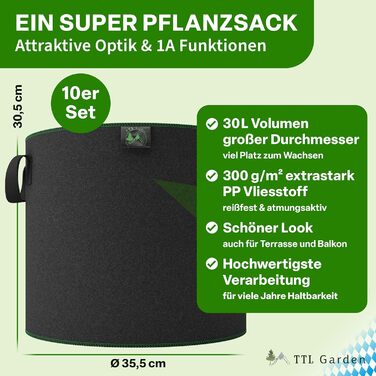 Мішки для посадки рослин з нетканого матеріалу об&39ємом 10 л, 30-літрові мішки для посадки з фетру та нетканого матеріалу щільністю 300 г/м, Горщики для рослин, Мішки для посадки, Мішки для вирощування для балкона, тераси, теплиці та саду, 30 літрів - На