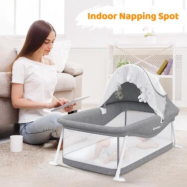 Дорожнє ліжечко Ezebaby, маленьке складне дитяче ліжечко з сумкою для зберігання, москітною сіткою та іграшками, підходить для дітей 0-5 місяців (сіре)