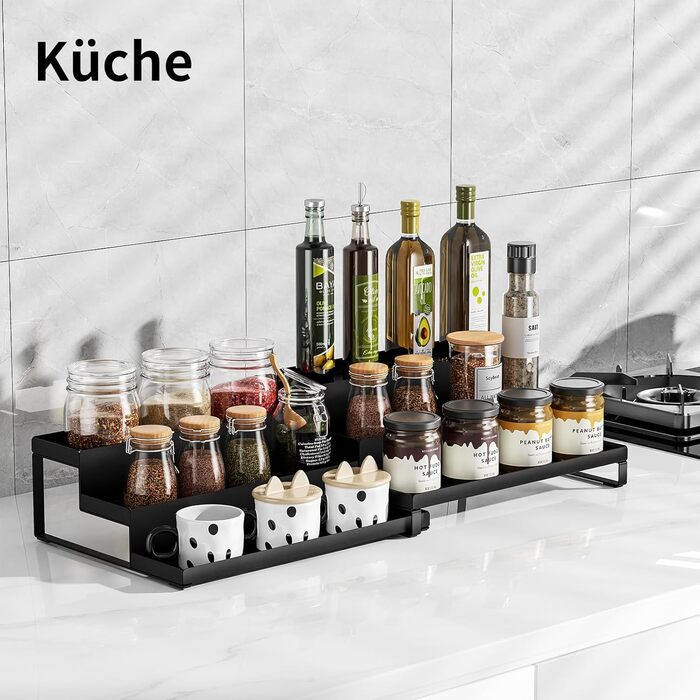 Стійка для спецій, кухонні полиці, стоячі, висувні, штабелюються, чорний метал, кухонний органайзер, для комори, стільниці та кухонної шафи, комплект з 2 шт. по 3 полиці кожна