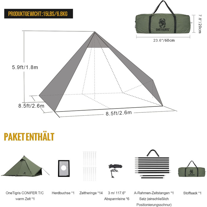 Намет OneTigris Conifer Tipi зі сніговою спідницею, водонепроникний, 1 особа, з наметовою піччю, зимовий кемпінг (бавовна Tetoron), колір Ranger Green