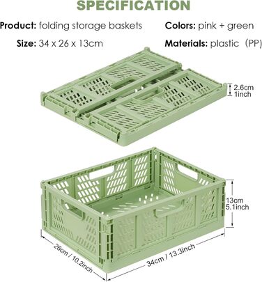 Міцні складні пластикові коробки, розкладні кошики, кошики для зберігання, штабелювані транспортні коробки для кухні, спальні, офісу, рожеві зелені, 4