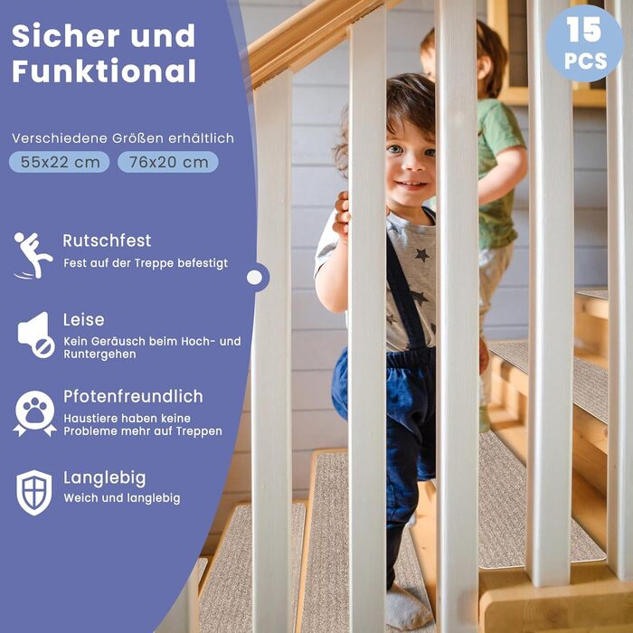 Килимки для сходів, самоклеючі килимки для внутрішніх сходів, 15 шт. , протиковзкі, ріжучі, багаторазові, для захисту домашніх тварин, людей похилого віку та дітей (бежевий, 76 см x 20 см) 76 см x 20 см бежевий