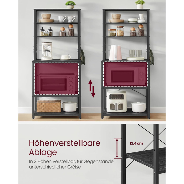 Кухонна полиця VASAGLE, окремостояча полиця, полиця для мікрохвильової печі, 6 полиць, 6 гачків, сталева рама, промисловий дизайн, 40 x 60 x 167 см, антрацитово-сірий - чорний KKS024B22 60B см антрацитово-сірий чорний