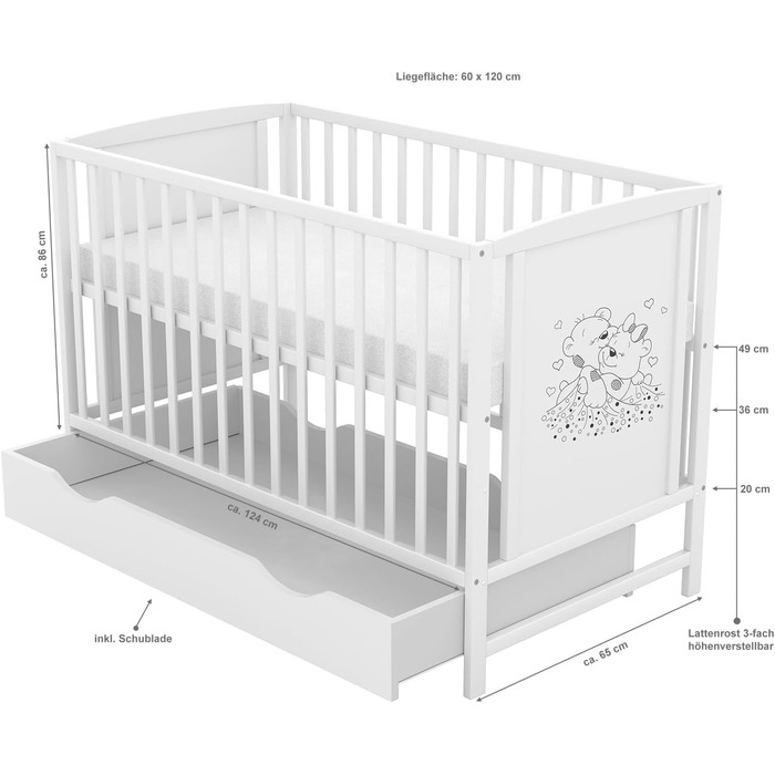 Дитяче ліжко Generic Baby Deluxe 60x120, що трансформується в дитяче ліжко білого кольору, з шухлядою та матрацом з алое вера, регульованою висотою та знімними поручнями (захисна поручень Mia для шухляди)