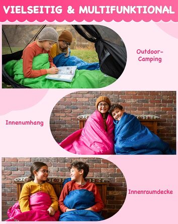 Дитячий спальний мішок KingCamp (до 7C), легкий, водонепроникний, компактний, фланелевий спальний мішок, спорядження для холодної погоди та тепла молоді, аксесуар для кемпінгу, підходить для 10-12 дітей зростом до 1,68 м, рожевий у клітинку, 165x70x45 см