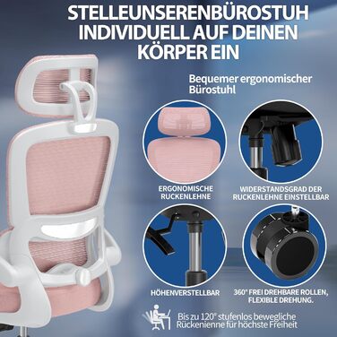 Ергономічне офісне крісло TRALT - Офісне крісло з регульованою поперековою опорою та підголівником, Ігрове крісло - Офісне крісло - Крісло для столу, Крісло для домашнього офісу, Ергономічне, Вага вантажопідйомність 150 кг, для високих людей, Рожеве