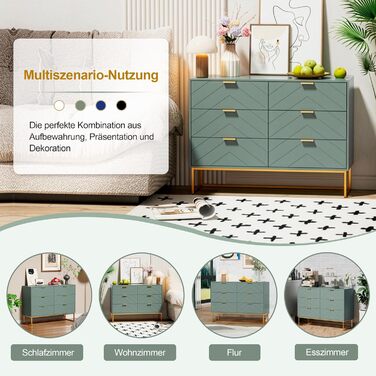 Комод UEV з 6 шухлядами, дерев&39яна шафа з механізмом проти перекидання та металевими ніжками, висока тумба/сервант, вузька комод/бічна шафа для вітальні, спальні, коридору, 100x34x73,5 см, зелений, 34 Г x 100 Ш x 73,5 В см (6 шухляд)