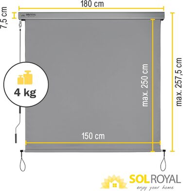 Вертикальний тент Sol Royal 180x250 см, тент MS5 міцний балконний щит для приватності, знімний ручний механізм, водовідштовхувальний сонцезахисний козирок для тераси, балкона, саду, всепогодний вертикальний тент, сірий 180x250 см