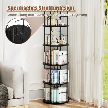 Окремостояча дерев&39яна книжкова полиця Flycity, що обертається на 360, з 5 регульованими полицями, 4545160 см, чорна, ідеально підходить для книг та декоративних предметів, чорний колір, 5 полиць