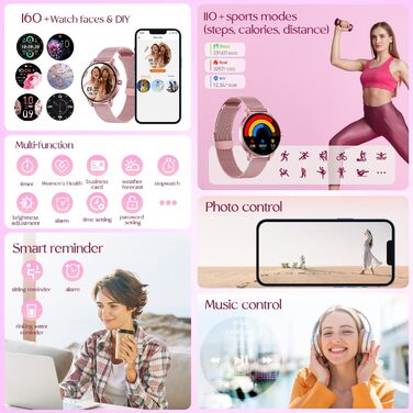 Жіночий смарт-годинник із функцією Bluetooth для телефону, спортивний годинник 1,27-дюймовий HD-сенсорний смарт-годинник із монітором серцевого ритму, монітором менструального циклу, монітором сну, понад 100 спортивних режимів, водонепроникний IP68, фітне