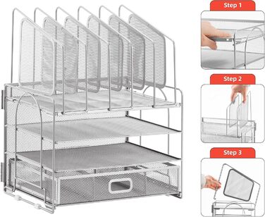 Органайзер для столу Marbrasse, 4-ярусний лоток для паперу та листів з висувними ящиками, 5 вертикальних лотків для документів та 2 тримачі для ручок, сітчастий настільний органайзер для зберігання домашнього та офісного приладдя (сріблястий)