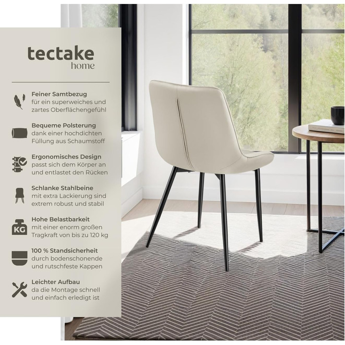 Стільці для обіду tectake, комплект з 2 шт., м&39яке крісло, кухонне крісло, крісло для вітальні, крісло для туалетного столика, ергономічне крісло з оксамитовою спинкою та сидінням, чорні металеві ніжки - кремові, комплект з 2 шт.