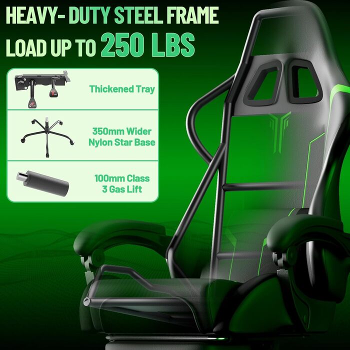 Ігрове крісло, ергономічне ігрове крісло - регульоване та поворотне ігрове крісло, з шарнірними підлокітниками, підставкою для ніг, поперековою опорою, шкіряним покриттям, ігрове крісло для кіберспорту/дому/офісу (чорний зелений) сірий