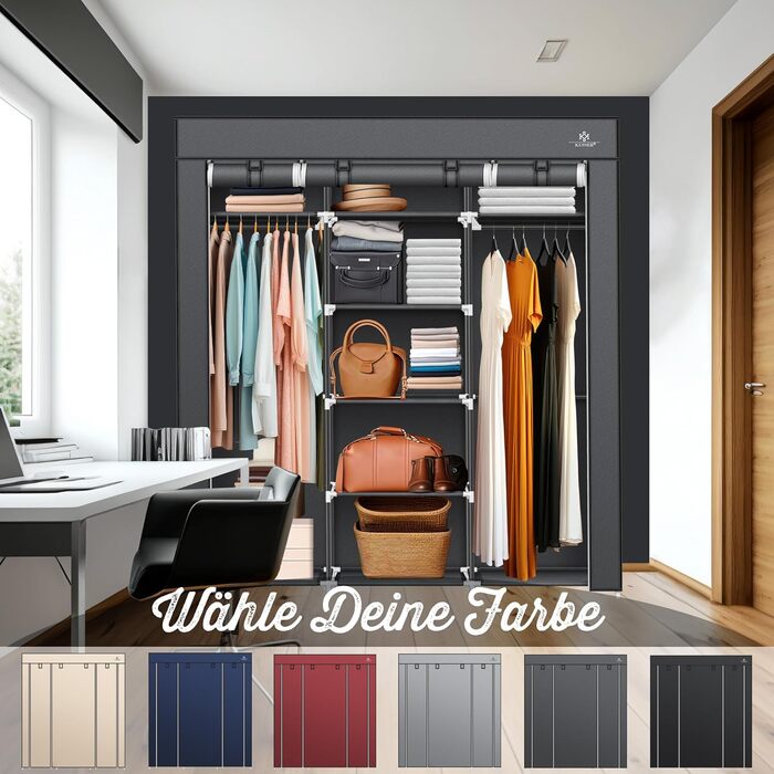 Тканинна шафа KESSER, міцна з вішалкою для одягу та полицями, вкл. 5 вішалок для одягу, тканинна складна шафа для спальні, гардеробна з вішалкою для одягу, 150x45x175 см, антрацит