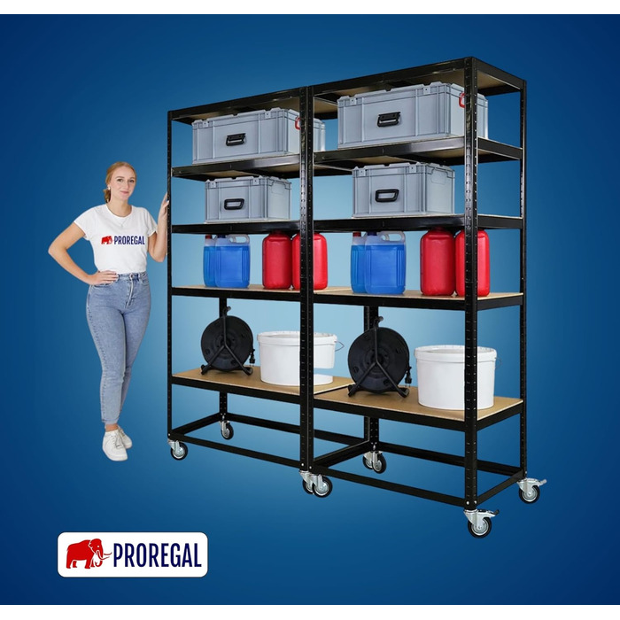 Комплектувальний візок BUFFALO Мобільний комплектувальний стелаж 192x90x50 см 5 полиць Навантаження на полицю 50 кг 2 шт. поворотні ролики та 2 шт. поворотні ролики з фіксуючим гальмом Чорна полиця на колесах Комплект візків для полиць з 2 предметів - 192