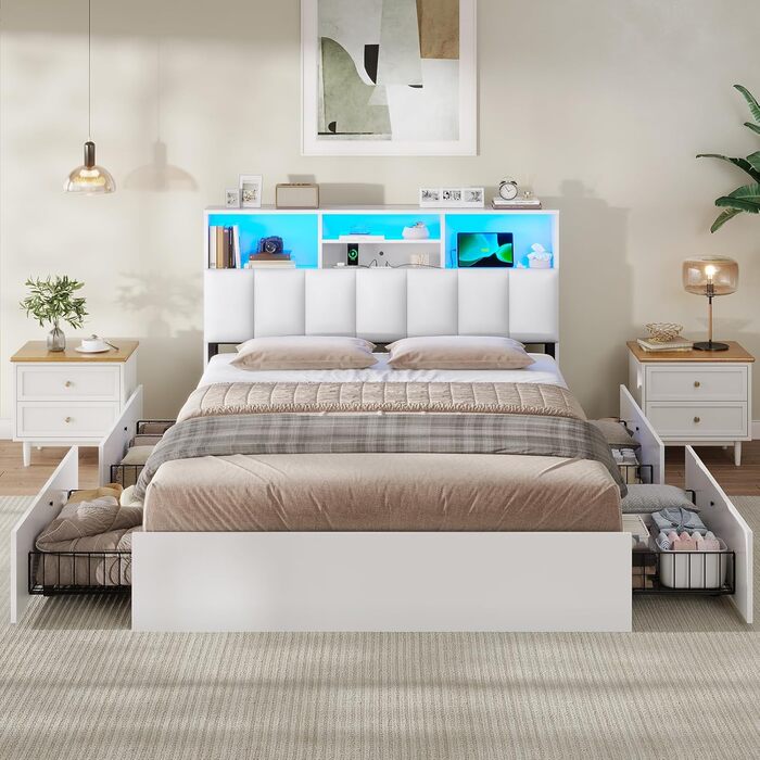 Ліжко AOGLLATI 140200 см, М&39яке ліжко із зарядною станцією та світлодіодним освітленням, Двоспальне ліжко з місцем для зберігання речей та узголів&39ям для зберігання речей, 4 шухляди, Рейкова основа, без матраца (для матраца 140 x 200 см), Білий 140 x 